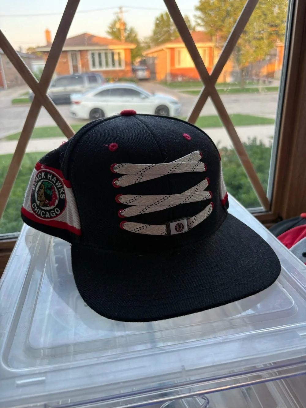 Chicago Blackhawks Black Snapback Hat with White Lace Detail